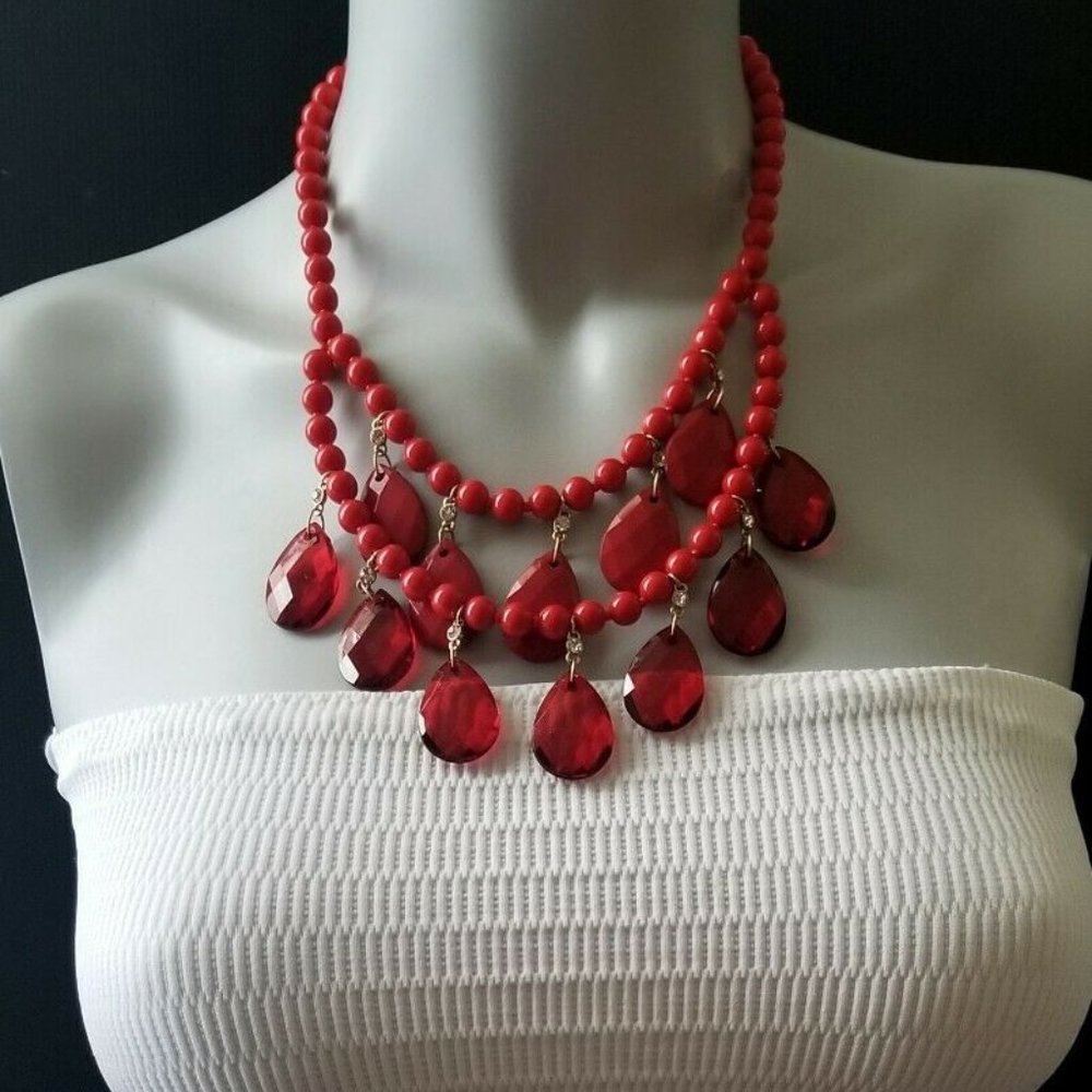 2 STRAND WATERFALL BIB STATEMENT NECKLACE RED